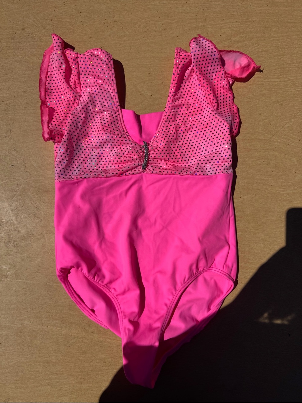Girls' Bright Pink One-Piece Dance Costume with Ruffle Shoulders